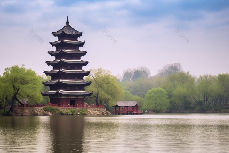著名景点坐落在湖边的古建筑楼塔,高清,摄影图,摄影图片,图片大全,摄影图免费下载